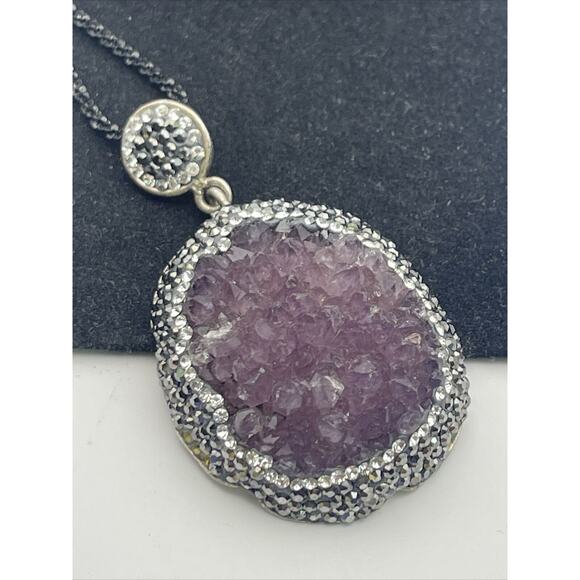 Raw Amethyst Sterling Silver Necklace Pendant 925 Druzy - Picture 8 of 16